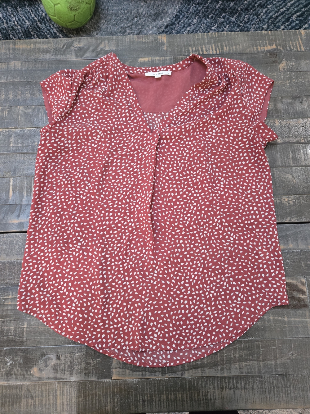 fun 2 fun Red V-Neck Cap-Sleeve Dot Print Blouse